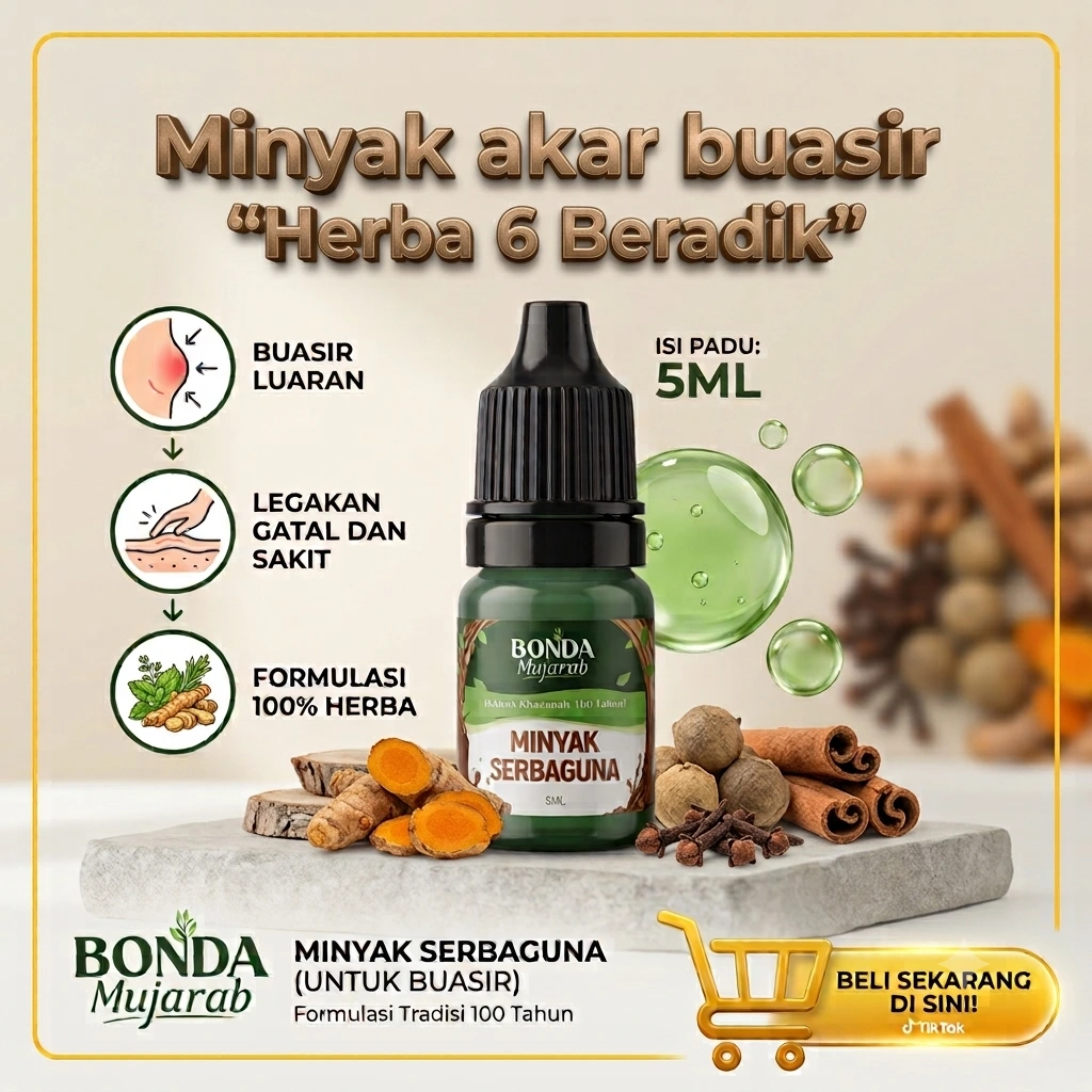 Berita baiknya,
yang buasir terkeluar pun
kami sertakan sekali
untuk sapuan luar Minyak Peraman Akar Buasir